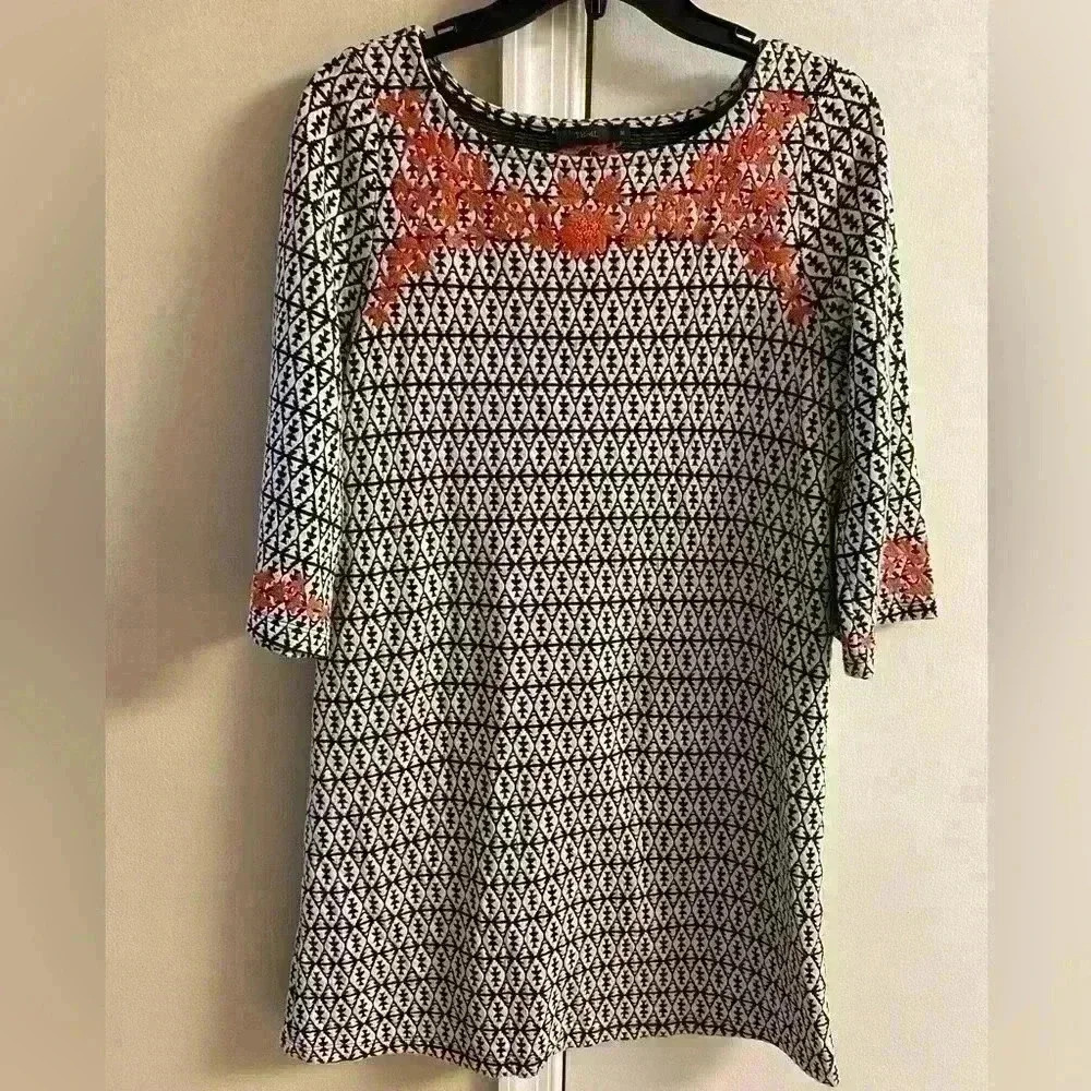THML Black White Knit Embroidered Mini Dress Medium